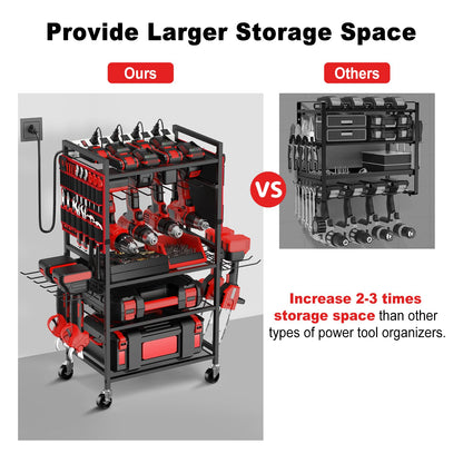 JUNNUJ Garage Large Power Tool Organizer Cart with 20A Power Strip, Heavy Duty Drill and Tools Battery Holder Storage Rack with Charing Station, Floor Standing Rolling Tool Cart Shelf on Wheels