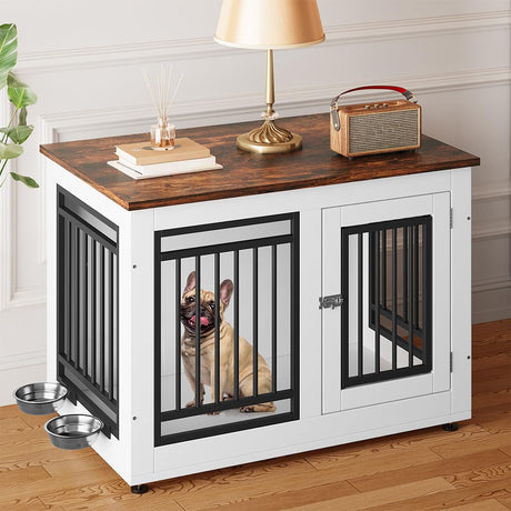 YITAHOME 35" Dog Crate Furniture, Wooden Side End Table with Adjustable Feet and Removable Bowls, Dog Kennel Indoor for Small Medium DogsV YITAHOME