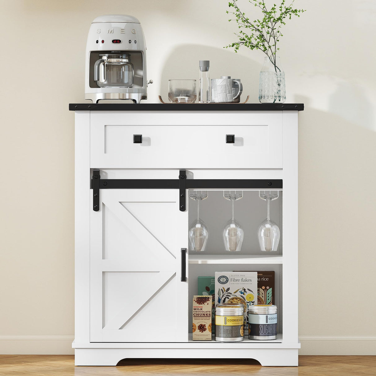 Real Relax Coffee Bar Cabinet, Farmhouse Sideboard Buffet Cabinets with Storage, Wine Glass Rack, Sliding Barn Door, Buffet Table for Kitchen, Dining Room, Entryway, White Real Relax