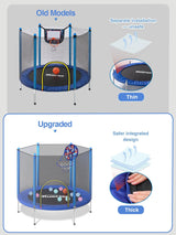 BLUERISE 55IN Toddler Trampoline for Kids Indoor Play for Kids Basketball Hoop Attachment with Enclosure Net Easy to Assemble Recreational Trampoline BLUERISE