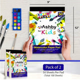 Ashby for Kids - 2 Pack of 9 x12 (220 GSM) Watercolor Paper for Kids. 100 Extra Thick Pages (50 per Pad). Great for Fingerpaints, Drawing, Doodling and Sketching. Easy to Remove Pages. Natural White Ashby