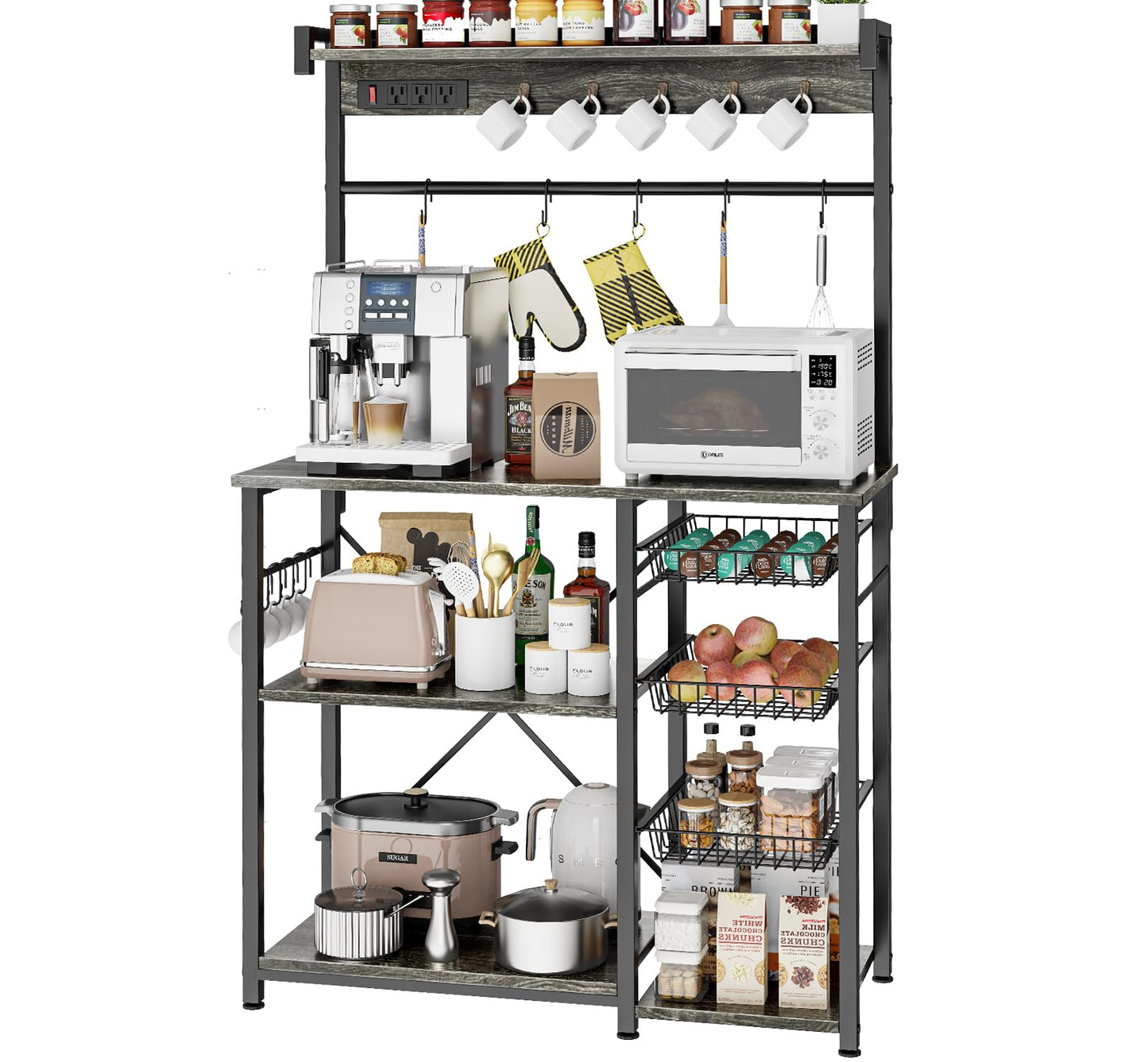 Kalrin Large Bakers Rack with Power Outlets 38.8 Inches, 15 Hooks Coffee Bar with 3 Wire Basket, Microwave Stand Kitchen Storage Shelf for Spices, Cups, Pots, 38.8 x 16.3 x 62.2 in, Gray Oak