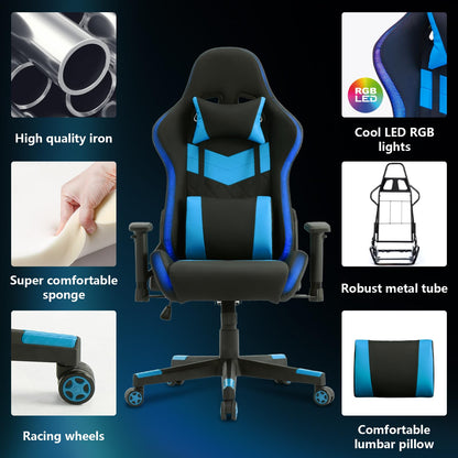 Computer Gaming Chair with LED Lights, RGB Video Gaming Chair with Comfortable Leather and High Back, Gaming Chair with Adjustable Lumbar Support for Adults and Teens（Blue）