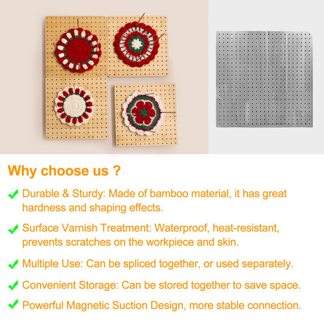 16 x 16 Inches Crochet Blocking Board 4 in 1 - Magnetic Splicing Large Size Granny Square Blocking Board Mats for Knitting & Crochet Projects with 15 Stainless Steel Pegs, Gifts for Mom, Grandmothers Adnkwolivt