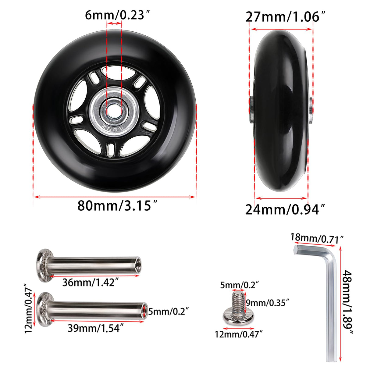 OwnMy 80mm x 24mm Luggage Suitcase Replacement Wheels, Rubber Swivel Caster Wheels Bearings Repair Kits, A Set of 2 OwnMy