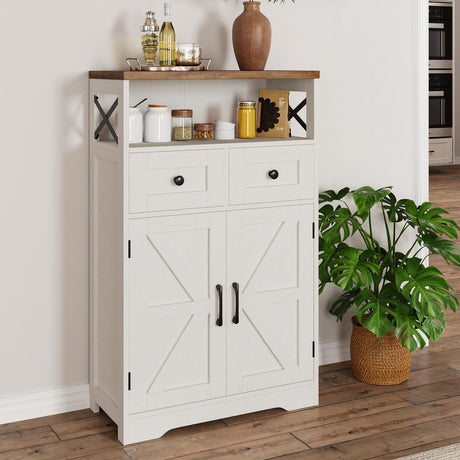 Farmhouse Storage Cabinet with Barn Doors and Shelves, Farmhouse Kitchen Pantry Storage Cabinet, Small Tall Coffee Bar Cabinet with Storage, Hutch Cupboard for Kitchen, Laundry, Living Room,White FiveWillowise
