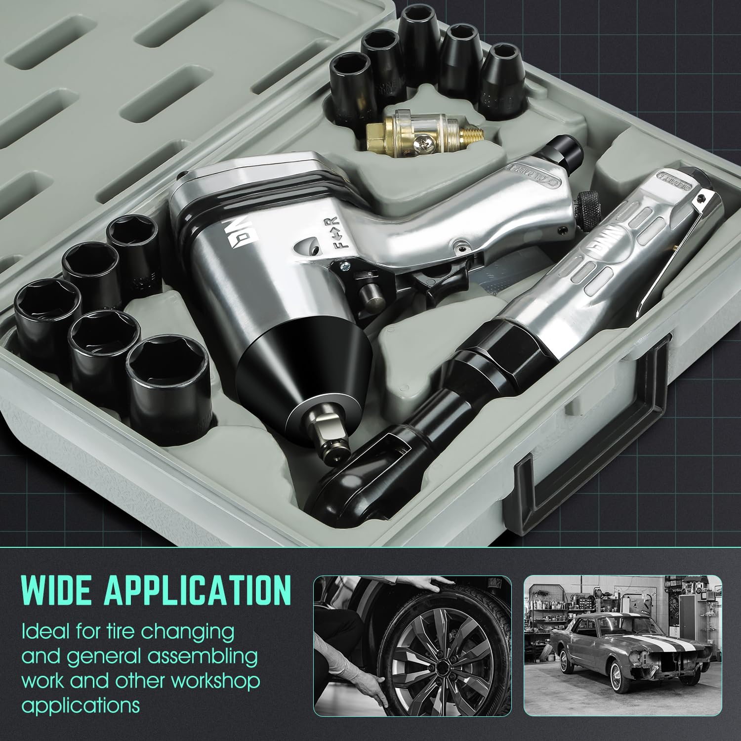 DNA MOTORING 17Pc Air Tool Kit 1/2-Inch Pneumatic Air Impact & Ratchet Wrench Kit Torque Wrench for Repairs, w/Case, Sliver/Black, TOOLS-00530 - WoodArtSupply