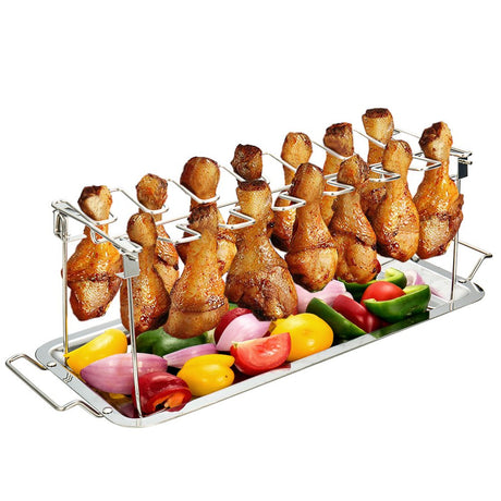 G.a HOMEFAVOR Chicken Leg Wing Rack 14 Slots Stainless Steel Metal Roaster Stand with Drip Tray for Smoker Grill or Oven, Dishwasher Safe, Non-Stick, Great for BBQ, Picnic G.a HOMEFAVOR