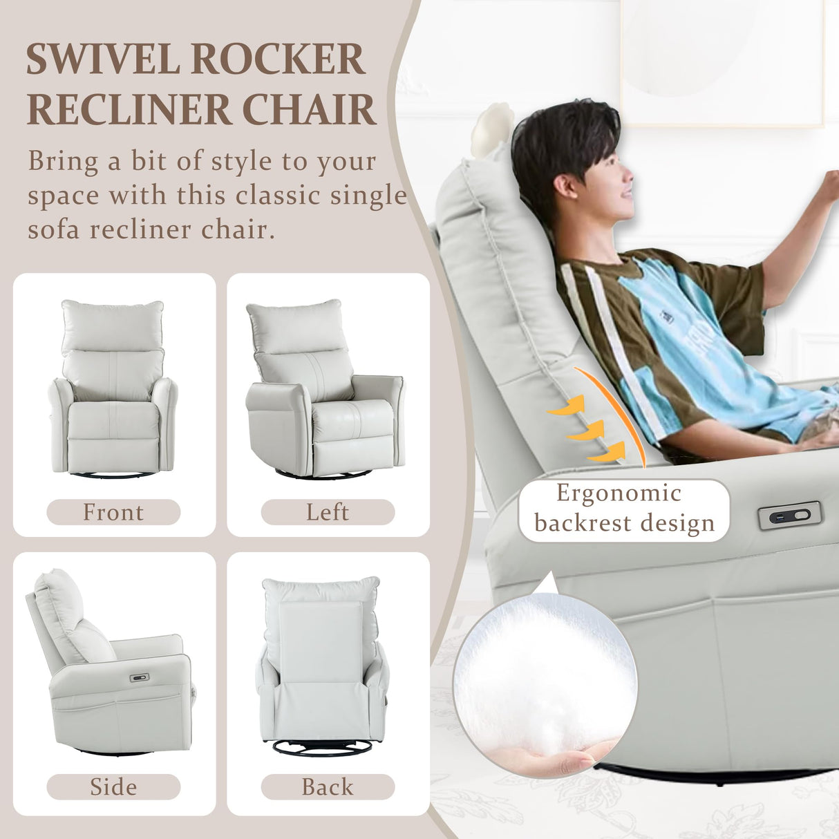 QKFF Power Swivel Rocker Recliner Chair for Nursery, Upholstered 270° Swivel Glider Rocker Chair with USB Ports, Small Power Recliners for Small Spaces Living Room (Light Grey) QKFF