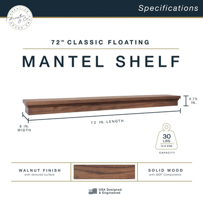 MCS 72-Inch Mantel, Master & Co Walnut Woodgrain Finish Solid Wood Floating Fireplace Mantel, Long Floating Shelf for Livingroom with Wood Cleat Hanging System, Photo and Home Decor Display Shelf