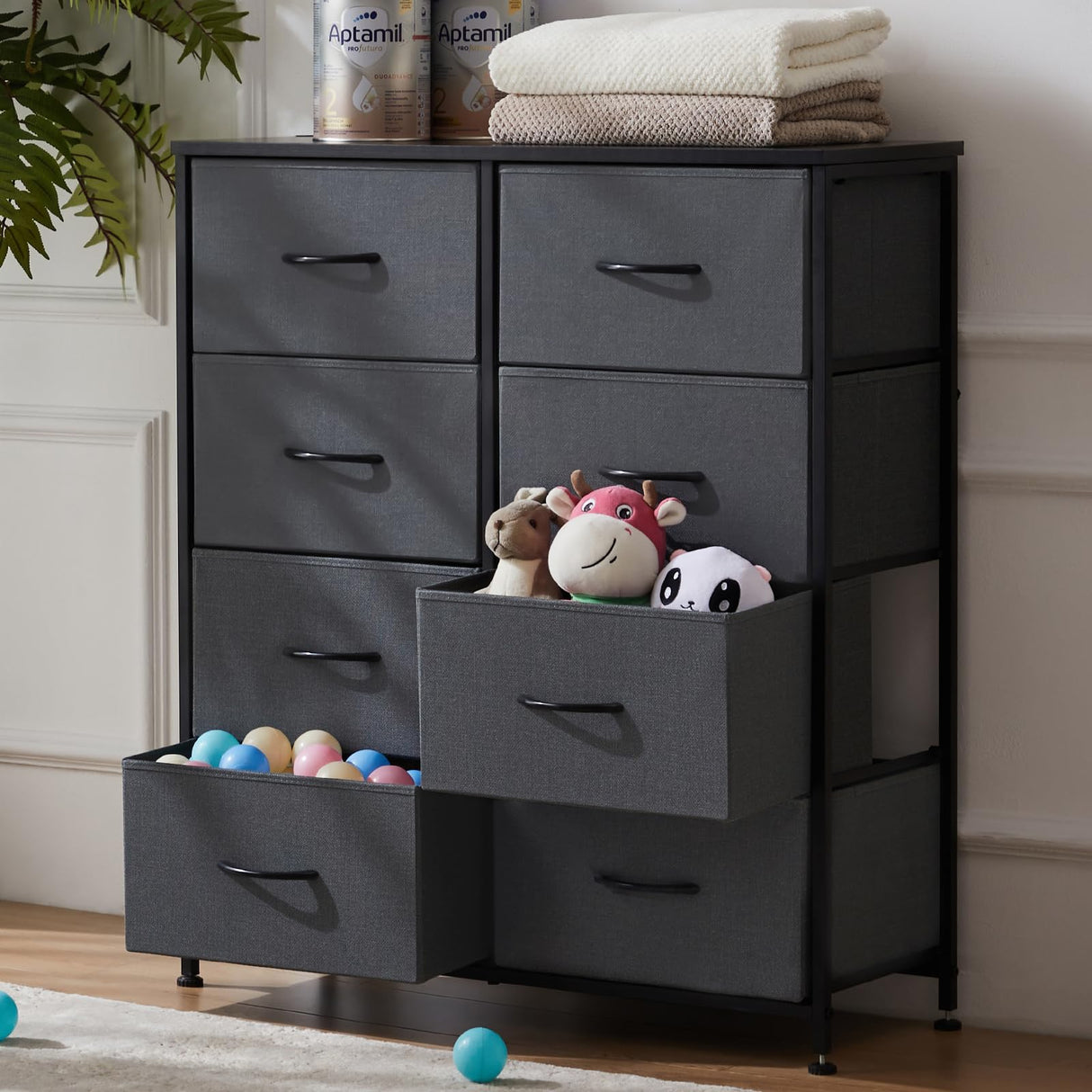 DUMOS 8 Drawer Dresser for Bedroom, Fabric Storage Organizer with Sturdy Metal Frame, Wooden Top Chest of Drawers for Closet Entryway Guest Room, Grey DUMOS