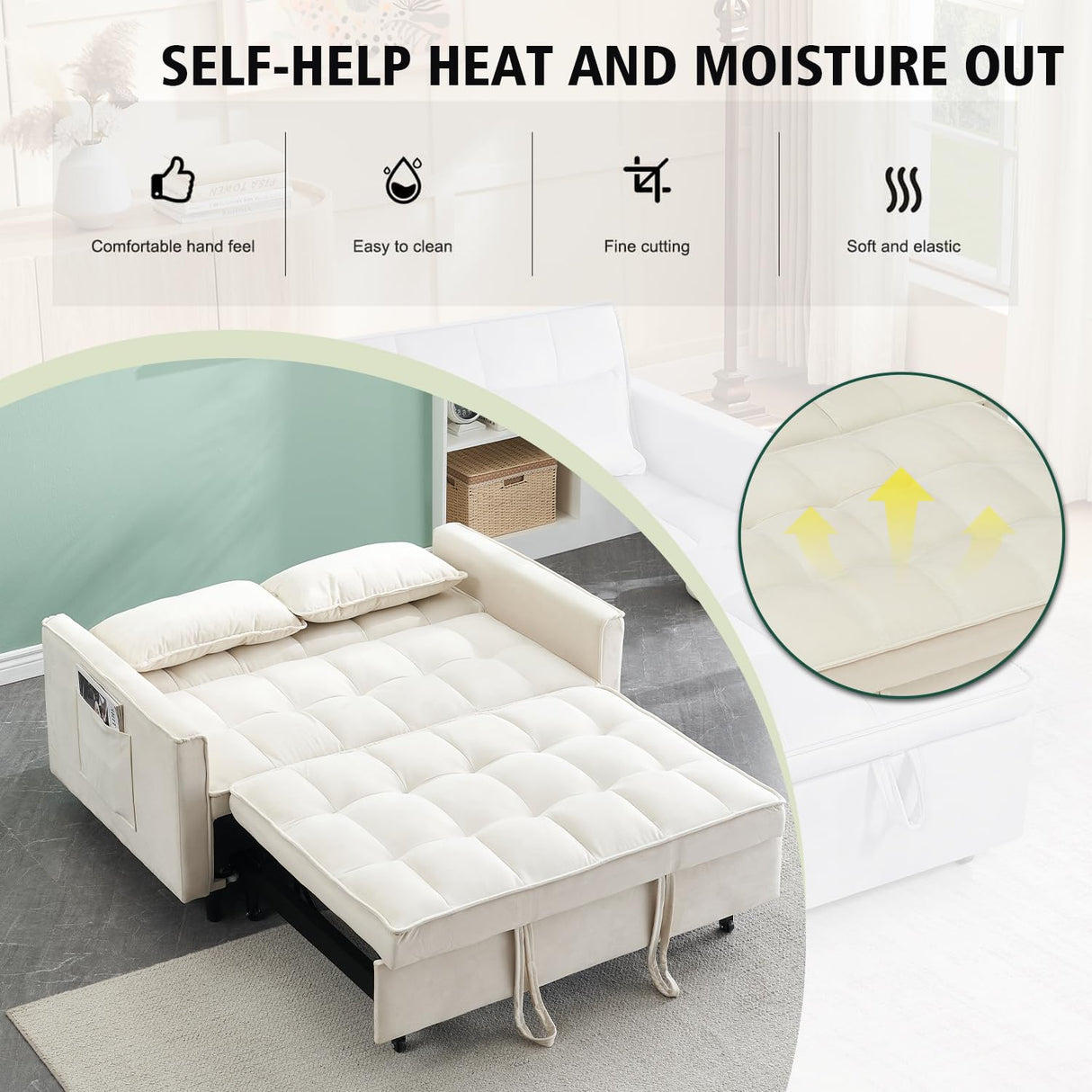 3 In 1 Velvet Convertible Sofa Bed, Pull Out Couch Bed with Reclining Backrest And 2 Pillows, 54" Full Size Loveseat Sleeper Sofa Futon Couch Bed, Couches For Small Spaces, Living Room (White) anwickjeff