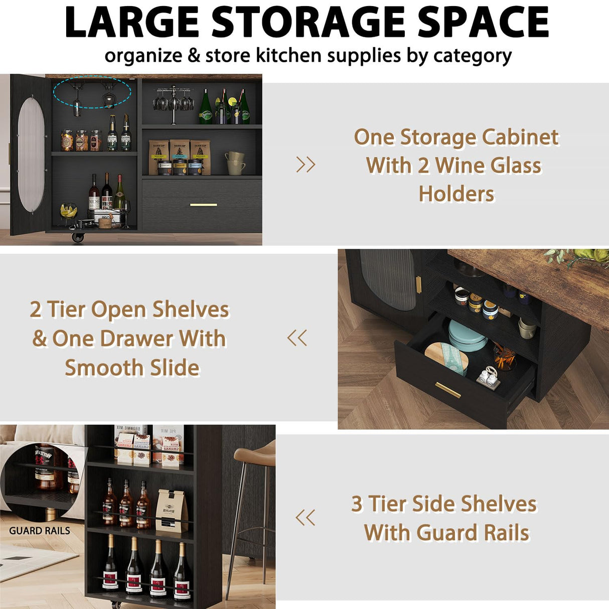 HSH 72" Rustic Kitchen Island with Storage, Mobile Farmhouse Kitchen Island Cart with Cabinet, Drawer & Shelves, Island Table on Wheels for Meal Prep, Dining Room & Home Bar, Rustic Brown & Black Oak HSH