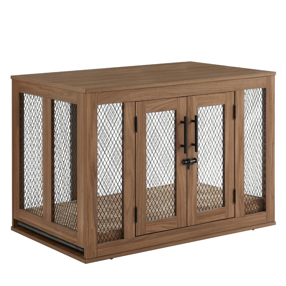 unipaws Furniture Dog Crate with Tray for Medium Dogs, Indoor Aesthetic Puppy Kennel Pet House Dog Cage with Door, Modern Decorative Wood Pretty Cute Fancy End Side Table Nightstand, Walmut - WoodArtSupply