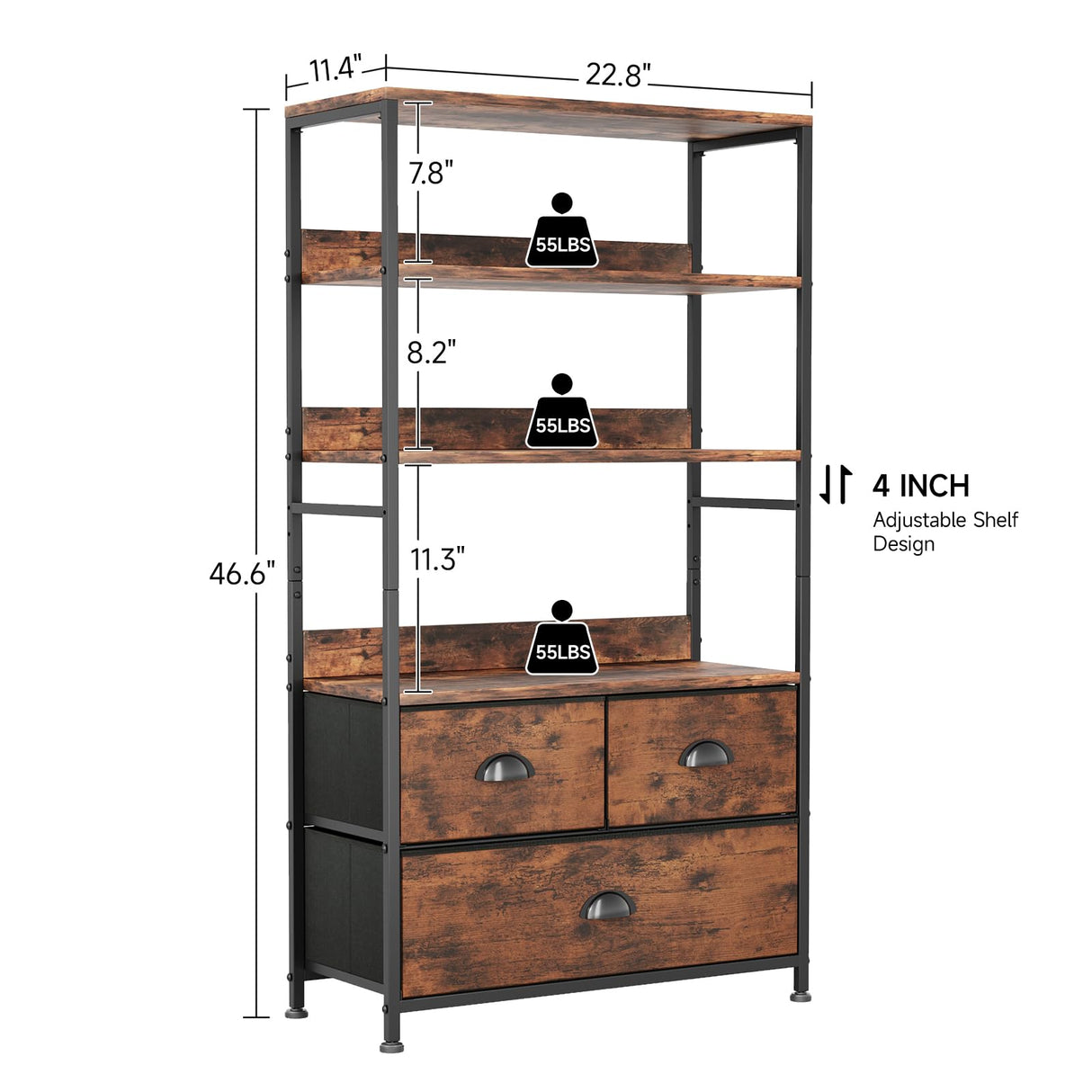 6 Tier Bookshelf, 47-Inch Small Bookcase with 3 Fabric Storage Drawers, Wood and Metal Book Shelf Storage Organizer, Industrial Display Standing Shelf Unit for Bedroom, Living Room, Rustic Brown Mexin