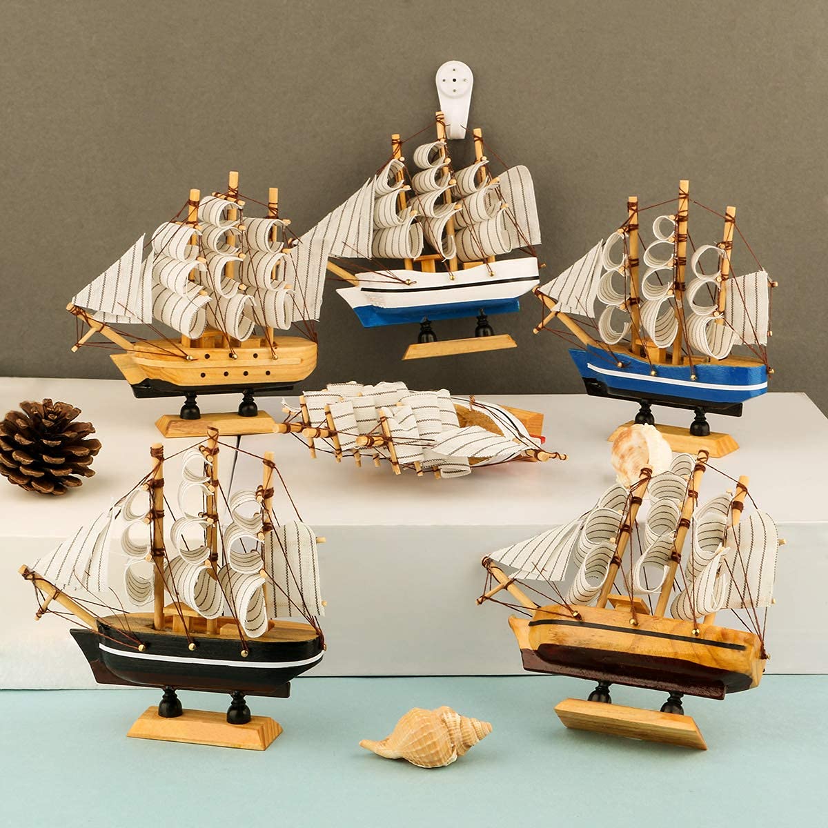 dedoot Wooden Sailboat 6 Pack Miniature Sailboat Model Ship Nautical Decor Tabletop Decorative Ornament for Ocean Theme Home Decor, 5.5x5x1.2 Inch dedoot