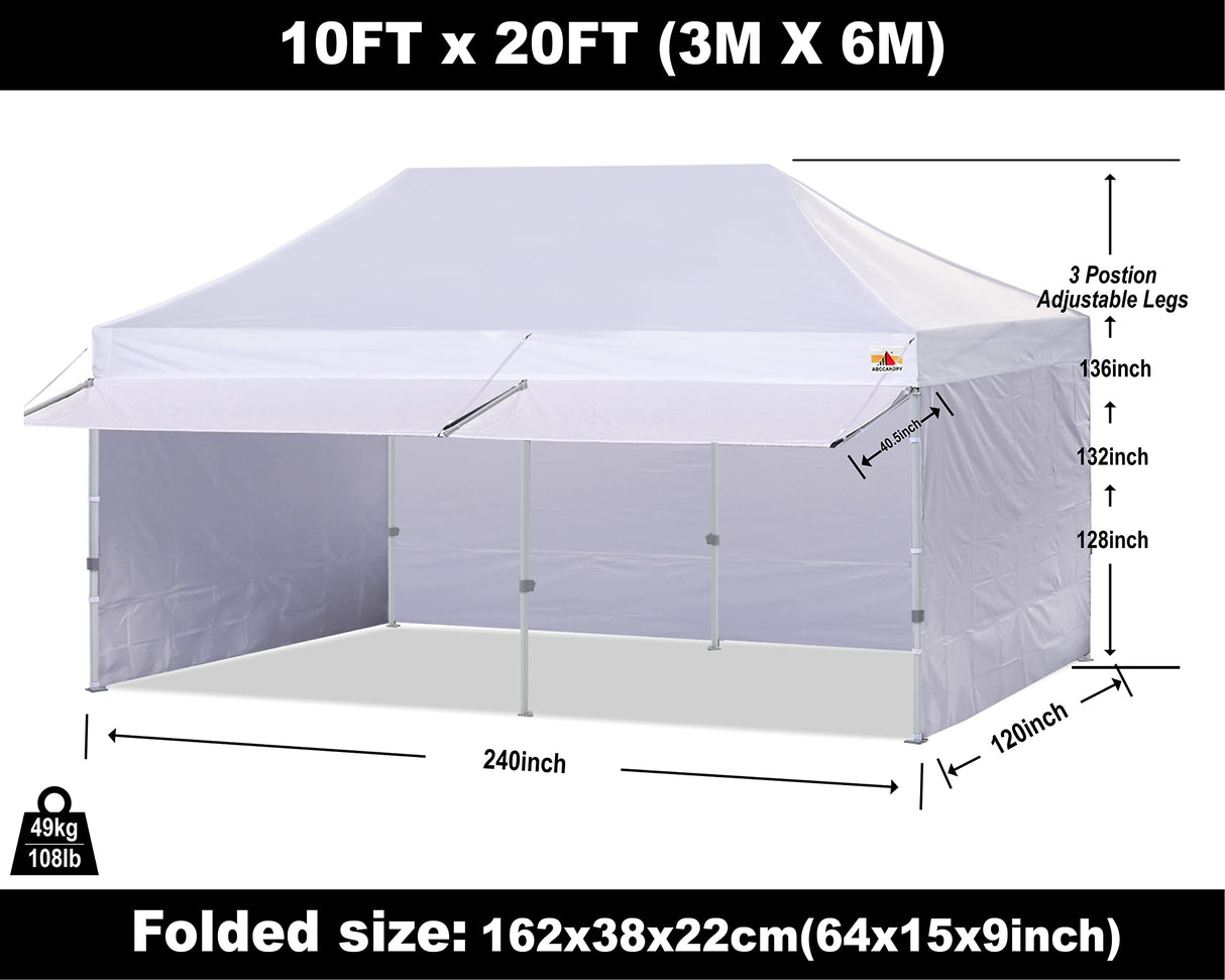 ABCCANOPY 10x20 Pop up Canopy Tent with Sidewalls - Easy up Canopies with Awning, Outdoor Tents for Parties, Market, Commercial Events, White ABCCANOPY