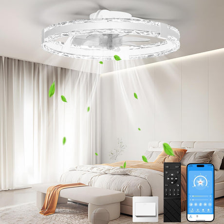 SKRFORM Ceiling Fans with Lights and Remote, 20'' Low Profile Flush Mount Ceiling Fan with 6 Speeds & 3 Color Temperature, 3000-6500K Dimmable Led Fandelier for Bedroom Livingroom, White SKRFORM