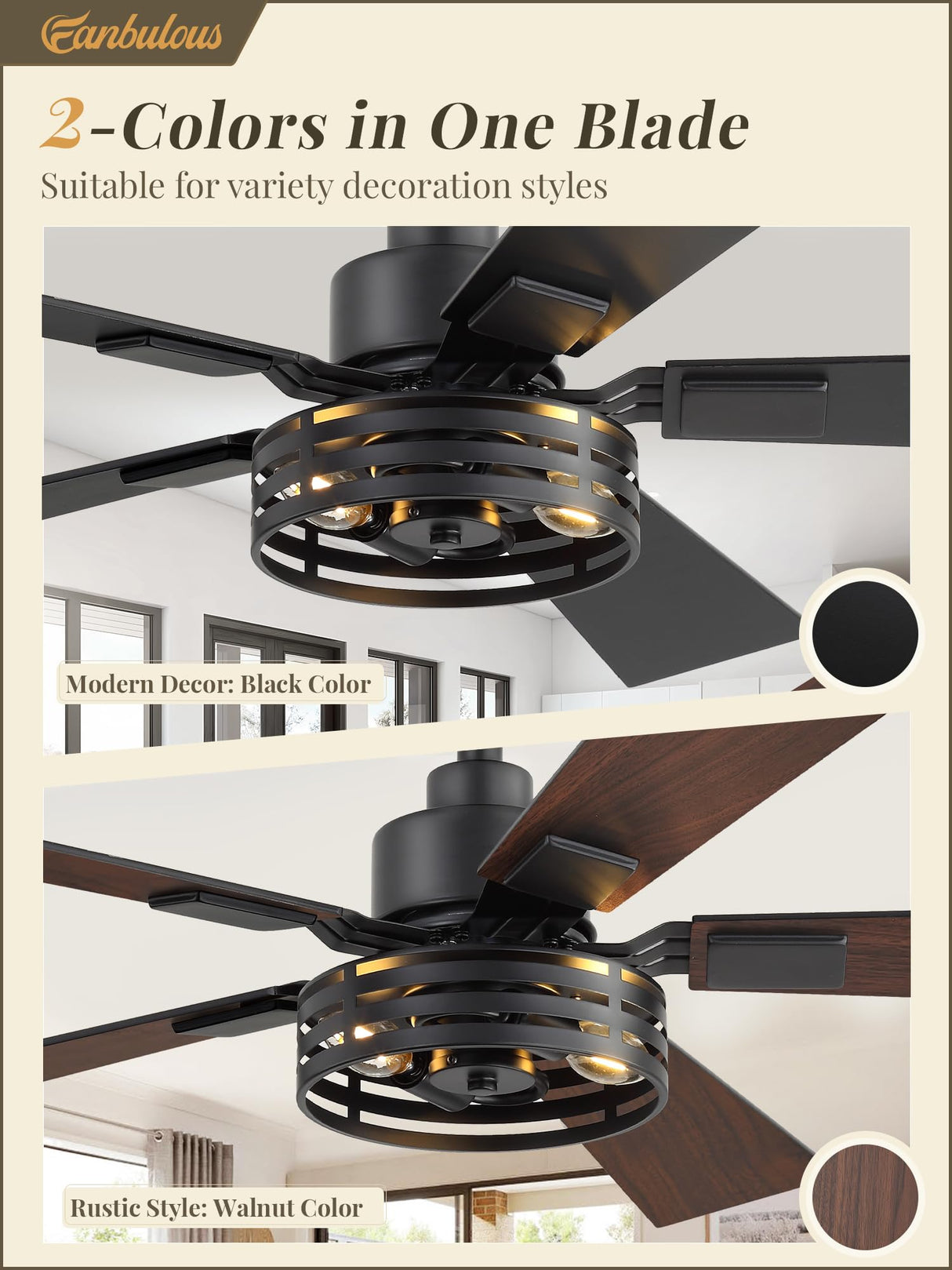 42 Inch Farmhouse Ceiling Fan with Lights 2 Pack, Rustic Black Ceiling Fans with Remote, 5 Dual Finish Blades, Quiet 6 Speed Reversible DC Motor, Caged Industrial Fan for Bedroom, Living Room, Patio Fanbulous