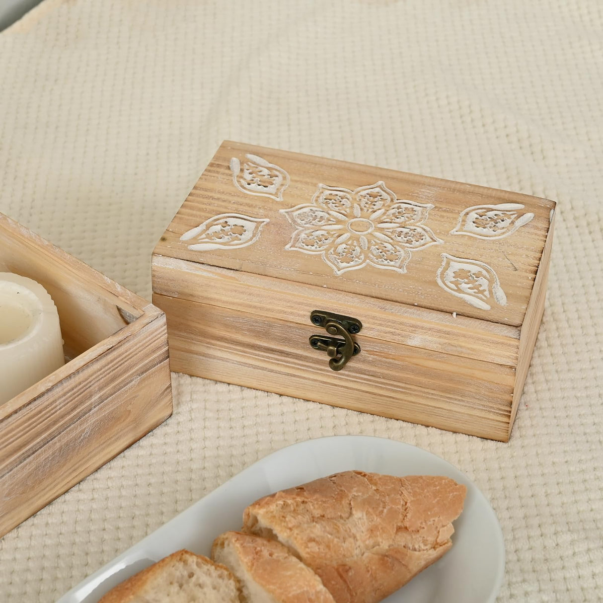 DECOR4SEASON Rustic Farmhouse Wooden Box Set of 2, Handcrafted Pine Wood with Hinged Lid and Intricate Mandala Carved Design for Home Decor DECOR4SEASON