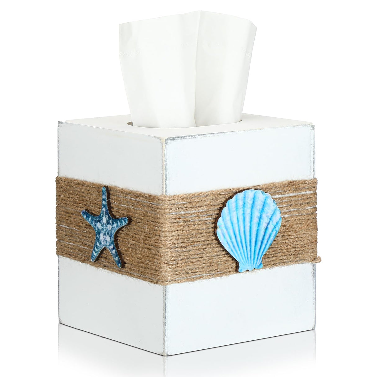 Threehoney Wood Tissue Box Cover Square Beach Farmhouse Bathroom Accessories Conch Starfish White Tissue Box Holder with Slide out Bottom Panel Rustic Beach Room Decor Decorative Coastal Napkin Holder Threehoney
