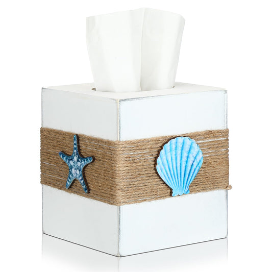 Threehoney Wood Tissue Box Cover Square Beach Farmhouse Bathroom Accessories Conch Starfish White Tissue Box Holder with Slide out Bottom Panel Rustic Beach Room Decor Decorative Coastal Napkin Holder