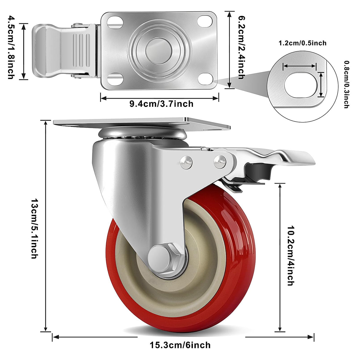 4 Inch Heavy Duty Swivel Caster Wheels with Brake, Set of 4, Industrial Locking Rolling Plate Casters Wheels for Furniture, Cart, Table and Workbench, Easily Load 2200lbs FOCBUGU