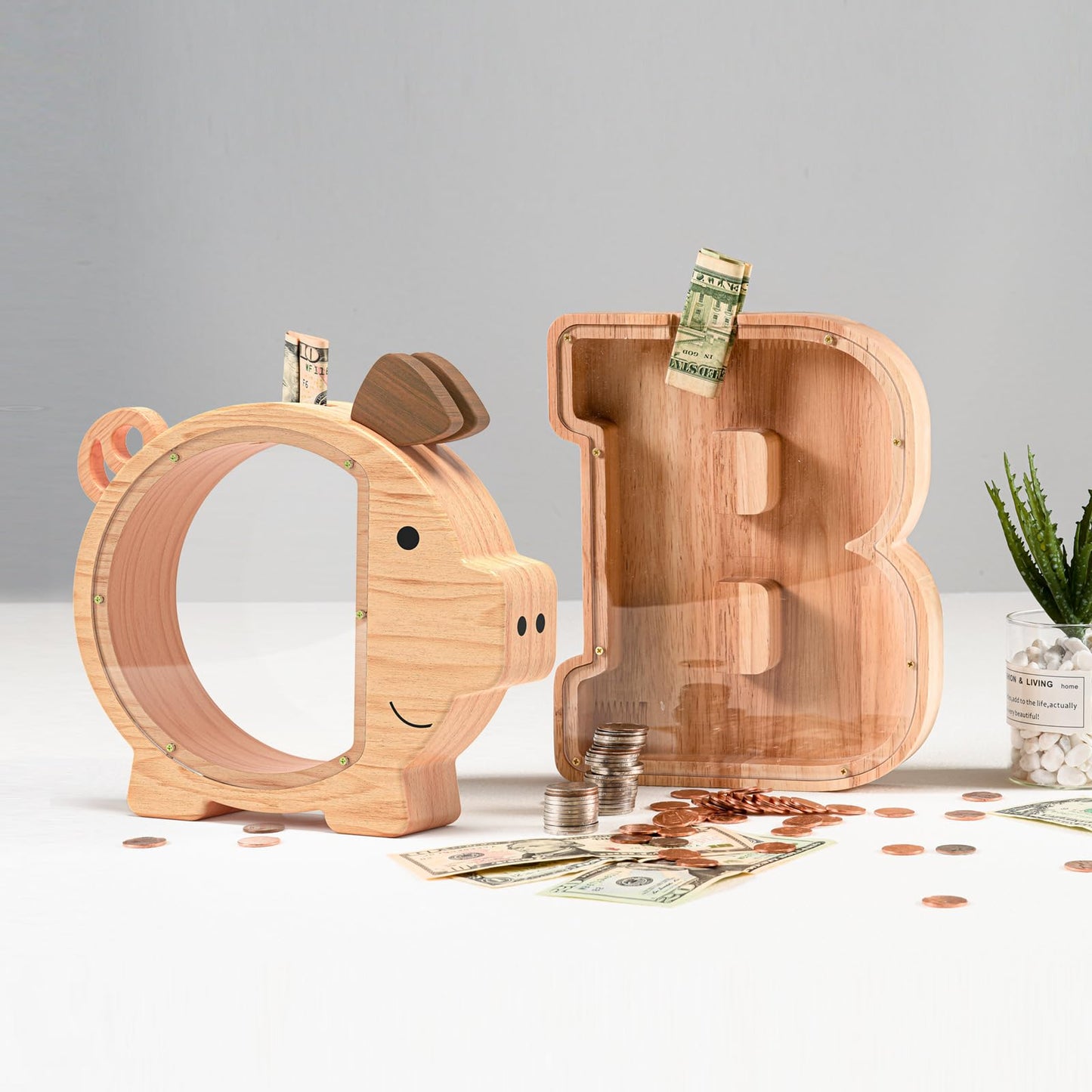 Summidate Custom Wooden Piggy Bank for Kids Boys Girls, Large Unbreakable Bills Coin Money Saving Box, Personalized Children Birthday Gift, Nursery