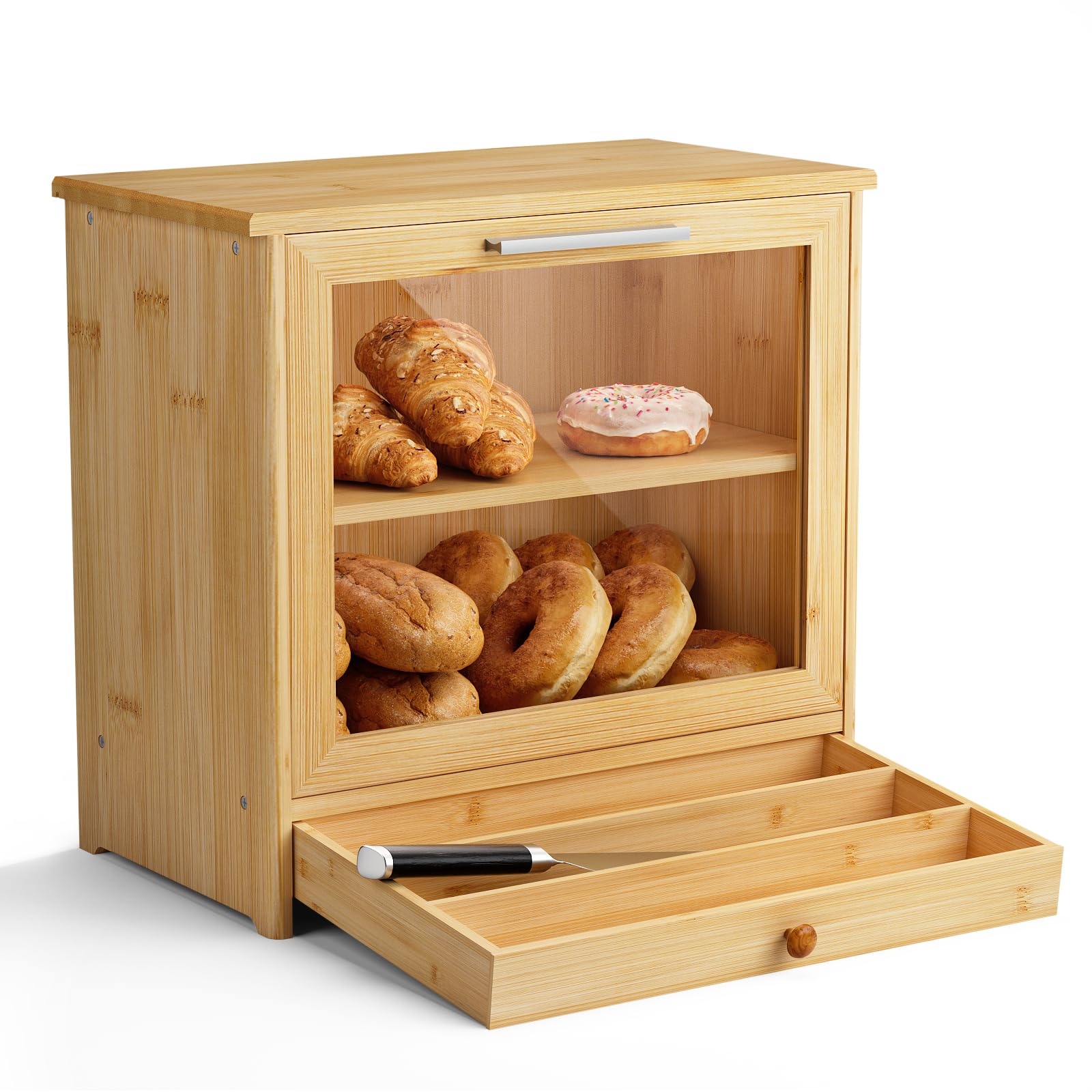 G.a HOMEFAVOR Bamboo Bread Box for Kitchen Counter: Large 2-Tier Bread Storage Container with Drawer for Homemade Bread, Farmhouse Bread Holder Food Bin with Window, Self-Assembly - WoodArtSupply