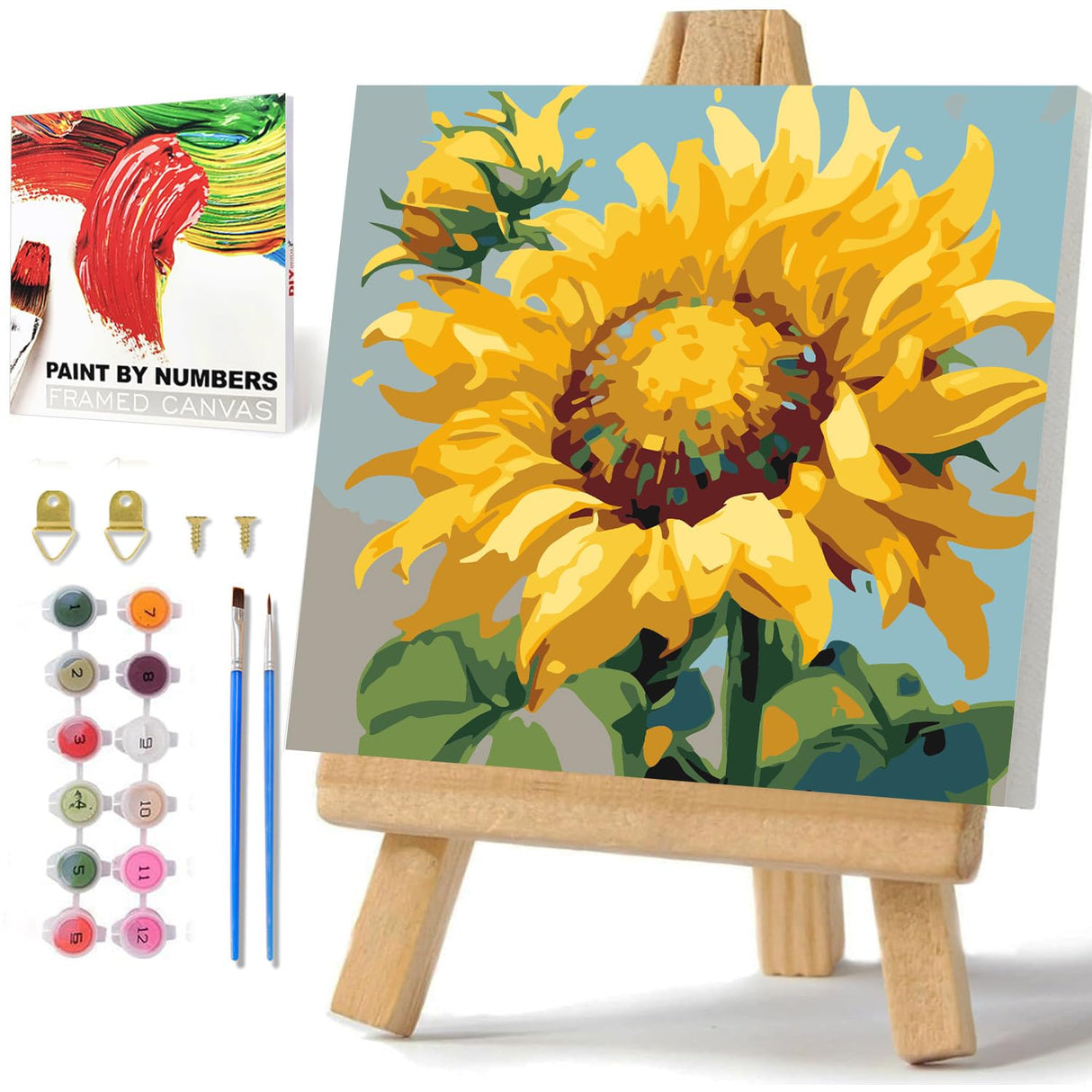 hkejoi Sunflower Paint by Numbers Kit for Adults, Flowers Paint by Numbers Framed and Easel, DIY Crafts Painting by Number for Home Wall Decor Gift 9.84x9.84 inch hkejoi