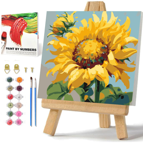 hkejoi Sunflower Paint by Numbers Kit for Adults, Flowers Paint by Numbers Framed and Easel, DIY Crafts Painting by Number for Home Wall Decor Gift 9.84x9.84 inch hkejoi