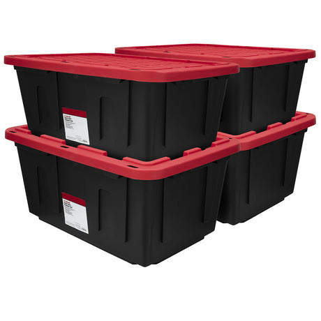 MioeDi 27 Gallon Stackable Snap Lid Plastic Storage Bin Container, Black with Red Lid, Set of 4, Black/Red MioeDi
