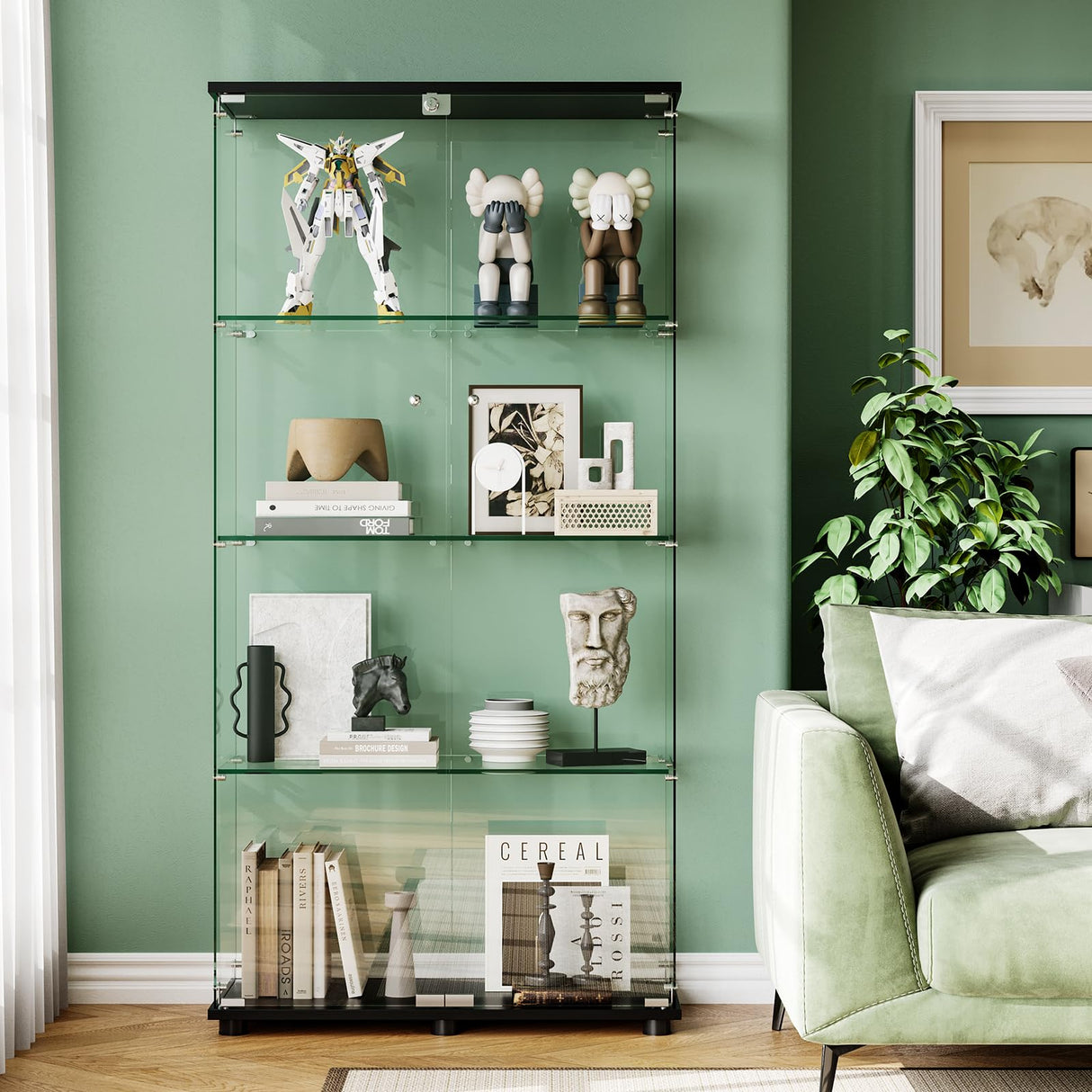 ahomrt Glass Display Cabinet with 4-Shelf Double Doors and Lock, 5mm Tempered Glass Floor Standing Bookshelf for Living Room, Bedroom, Office, 64 x 31.7 x 14.3 in, Black ahomrt