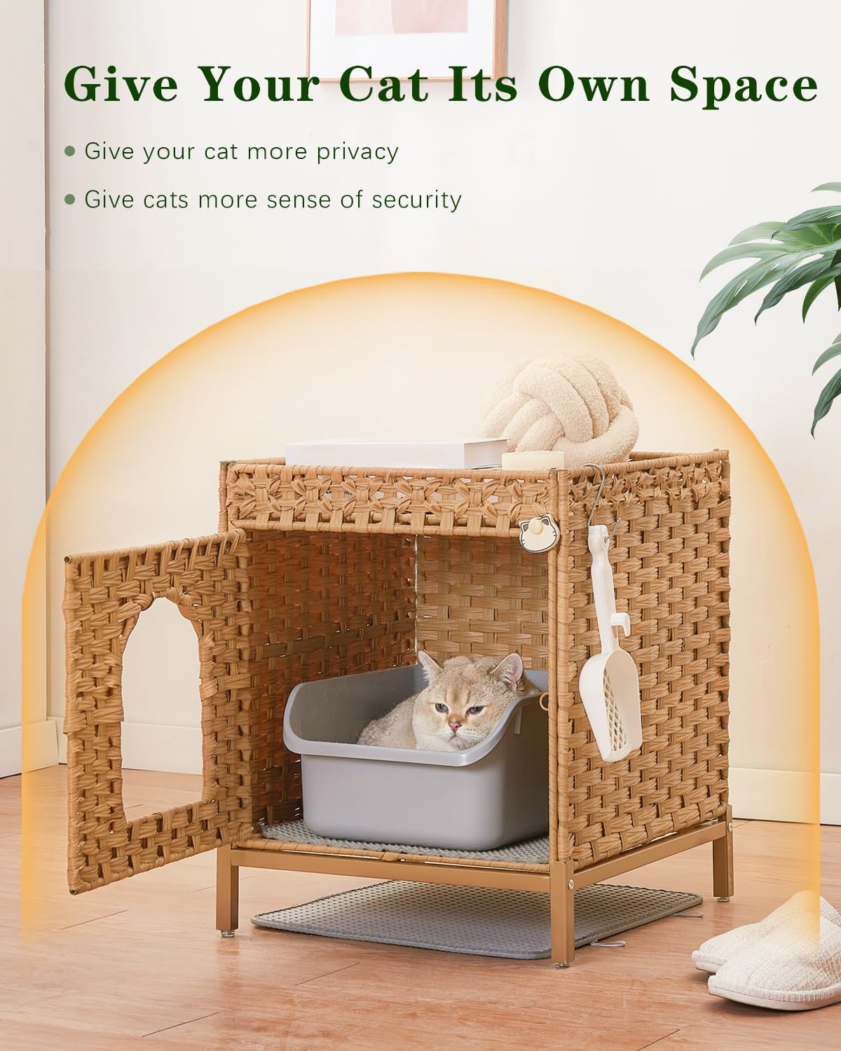 SETVSON Cat Litter Box Enclosure Hidden Litter Box Furniture with Metal Heightened Feet, Rattan Handwoven Cat House with Litter Mat, Hidden Litter Box Furniture for Bedroom Living Room Natural SETVSON