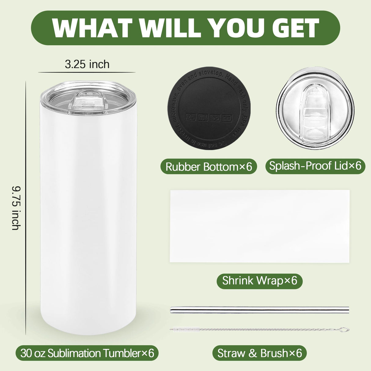 Joyclub Sublimation Tumblers 30 OZ Blank Tumblers for Sublimation Skinny Bulk Double Wall Insulated Cups with Individually Gift Boxed and Shrink Wrap Films for Heat Transfer 6 Pack Joyclub