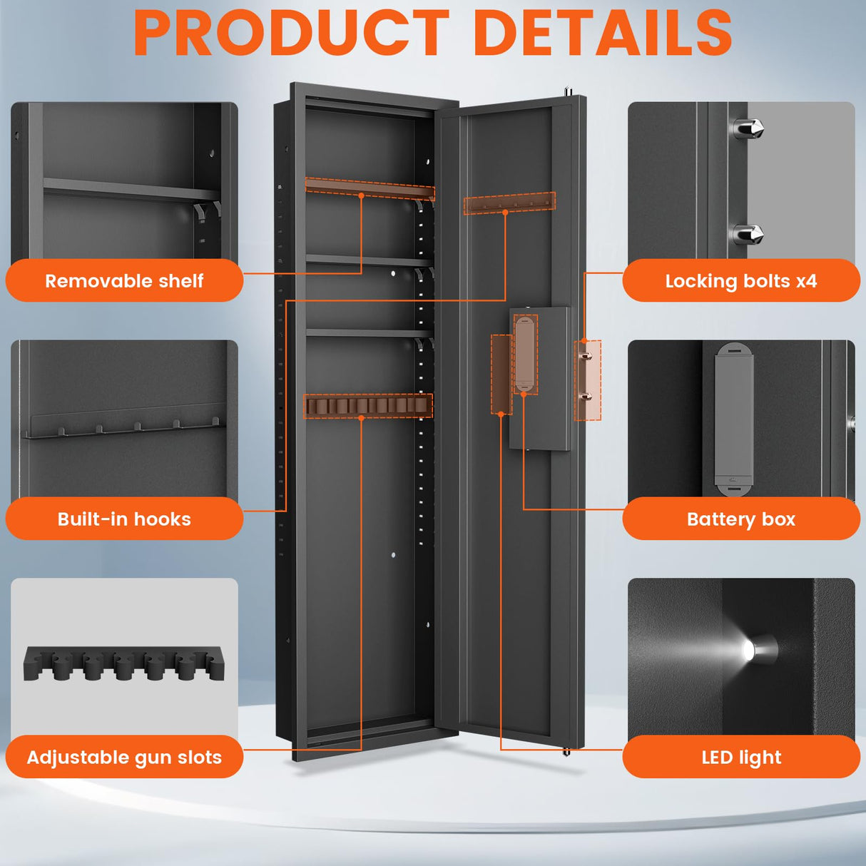 53.15" Wall Safe Between the Studs, In Wall Gun Safe, Digital Hidden Gun Cabinet with Gun Rack & Adjustable Shelves, Gun Safes & Cabinets with Dual Alarm System & Mute Mode(Black-Digital) Luzfuego