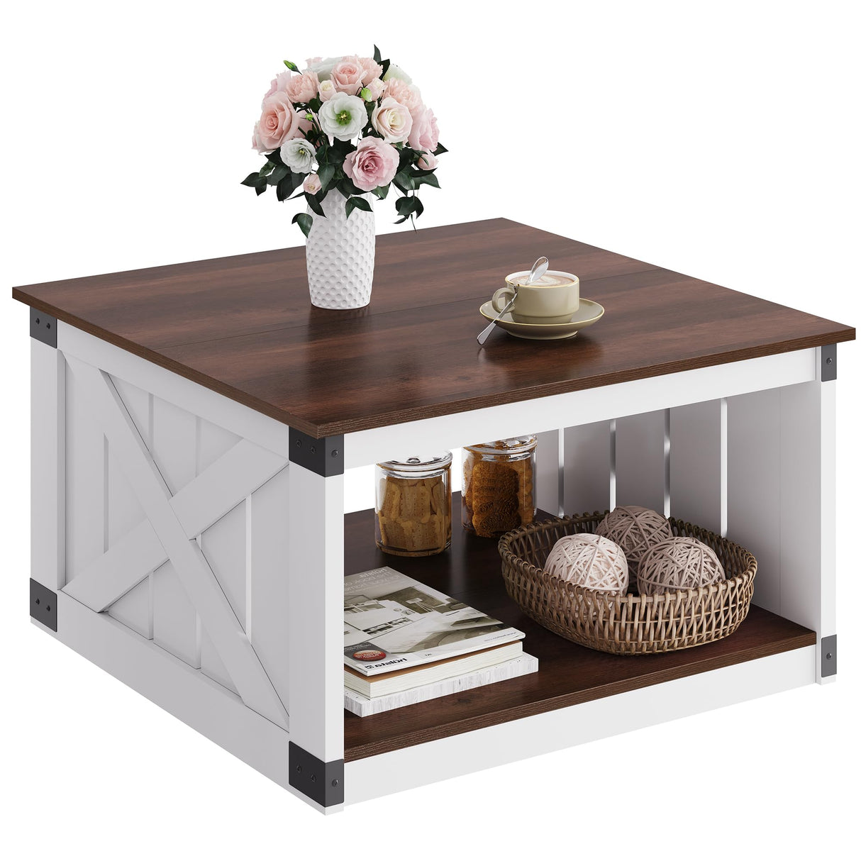 NICBEX Farmhouse Coffee Table, 31.5" Square Coffee Table with Open Storage, Wood Rustic Cocktail Table Center Table for Living Room, Espresso Brown NicBex