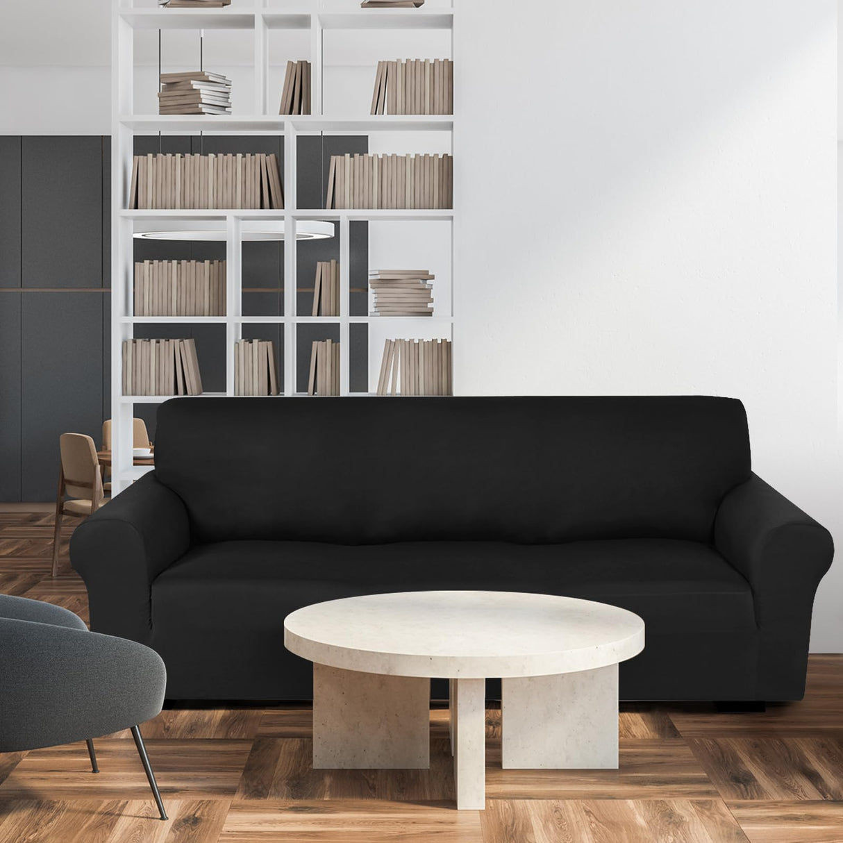 Peryiter 3 Pcs Slipcover Set for Couch Furniture Covers for Sofa Loveseat Couch Arm Chair, Form Fit Stretch, Wrinkle Free, Furniture Protector(Black,Milk Silk Spandex) Peryiter