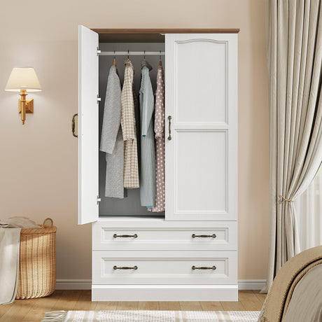 HOOBRO Armoire Wardrobe Closet with 2 Doors and 2 Drawers, 70.9" Tall Bedroom Armoire with Hanging Rod, Farmhouse Wardrobe Closet for Bedroom, Freestanding Clothing Storage Cabinet, White and Walnut HOOBRO