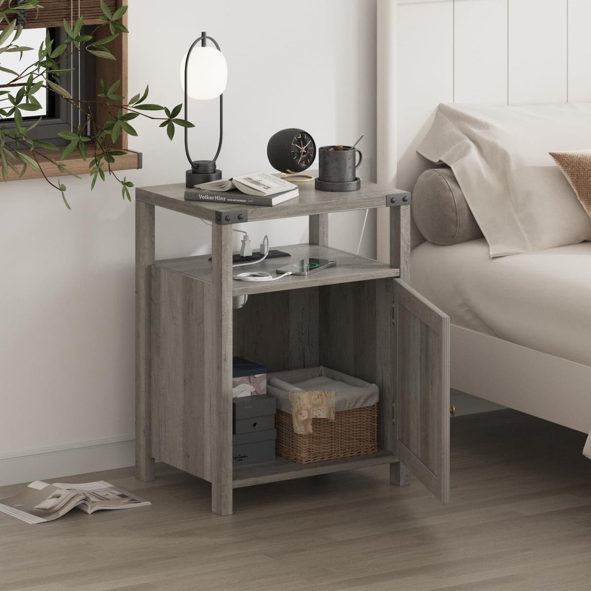 Fameill Nightstands Set of 2, Night Stand with Charging Station, Bed Side Table with Storage Cabinet, Farmhouse End Table for Living Room with USB Ports and Outlets, Gray Fameill