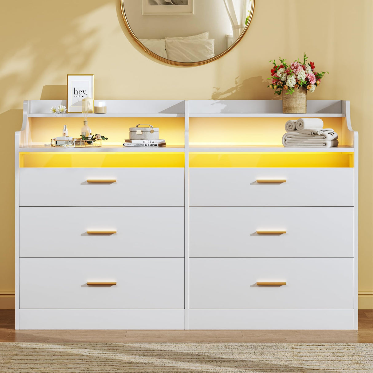 HUAHUU 6 Drawer Dresser for Bedroom, 49''W White Dresser with LED Light, Chest of Drawers with Open Shelf Storage, Double Wide Modern Dresser Organizer for Room, Entryway, Hallway HUAHUU