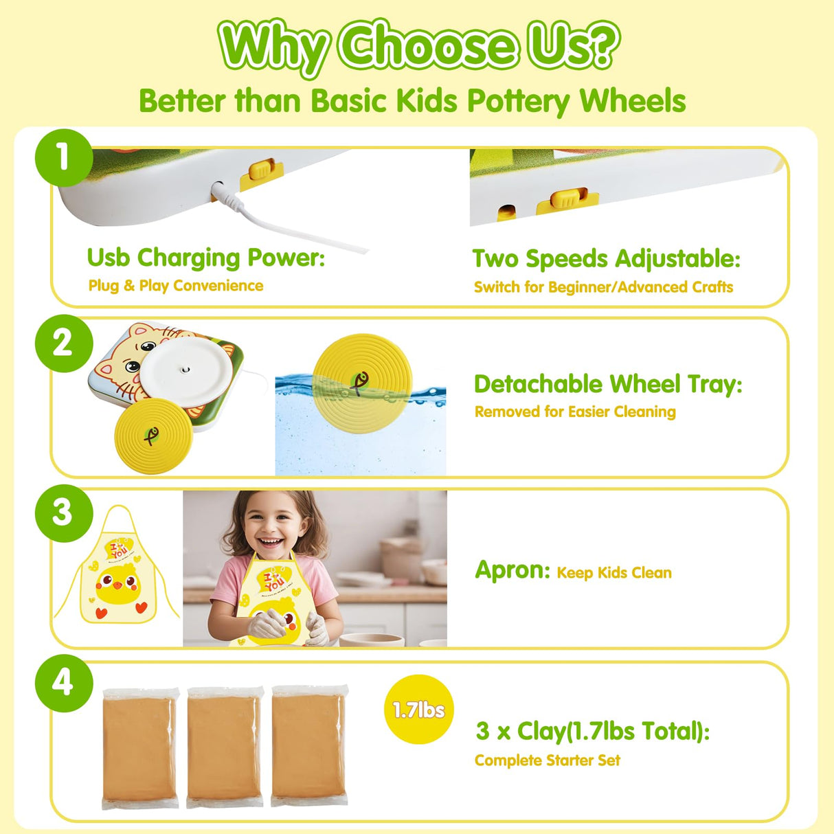 Pottery Wheel for Kids Arts and Crafts Toys for Kids 4-8 8-12 Girl Beginner with Foot Pedal USB Power 3 Clay Packs Apron Tools Mini Art Supplies Birthday Christmas Gifts for 9 Year Old Girls Mikiomie