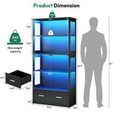Lamtor Glass Display Cabinet with Doors - Curio Cabinet with Dynamic LED Lights for Collectibles, 67" Display Case with 4 Tier and Drawers for Figure, Toys, Books, Black Lamtor