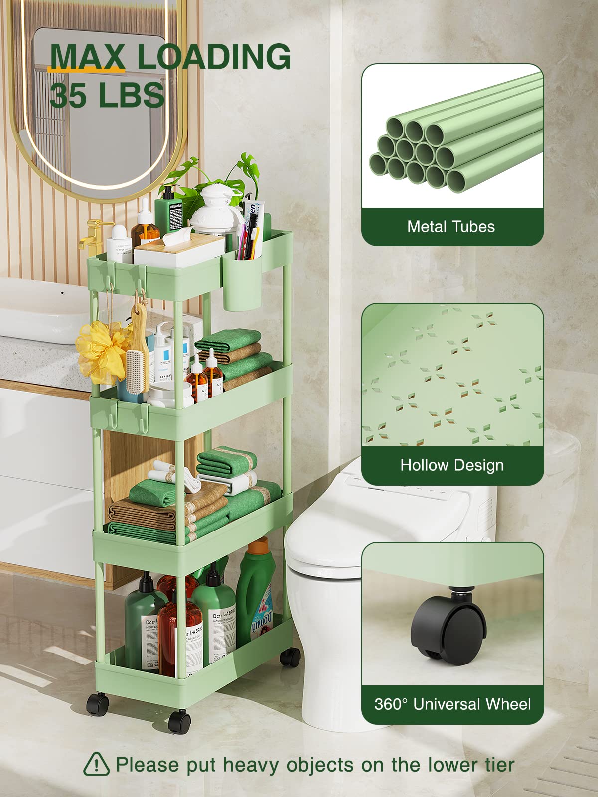 LEHOM Slim Rolling Storage Cart - 4 Tiers Bathroom Organizer Utility Cart Slide Out Storage Shelves Mobile Shelving Unit for Kitchen, Bedroom, Office, Laundry Room, Small Narrow Spaces, Green LEHOM