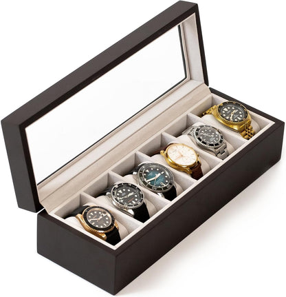 CASE ELEGANCE Solid Espresso Wood Watch Box Organizer with Glass Display Top - WoodArtSupply