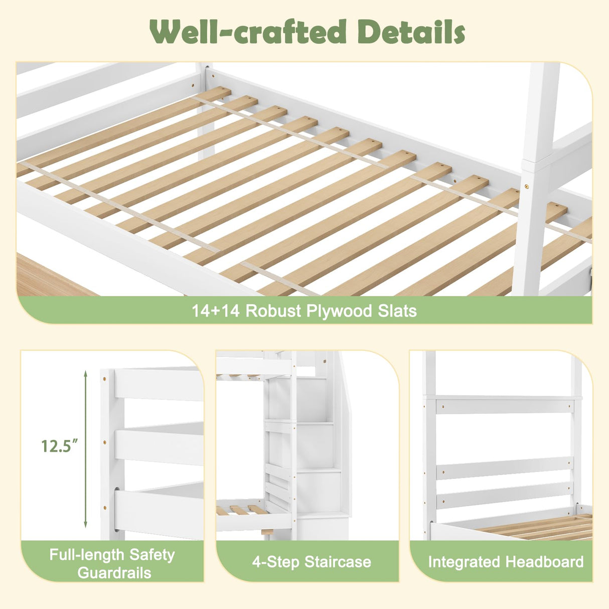 KOMFOTT Wood Twin Over Twin Bunk Bed with Storage Drawers & Stairs, Bunk Beds with Bookcase & Safety Guardrail, Solid Wood Slatted Bunk Bed for Kids Teens Adults, No Box Spring Needed (White) KOMFOTT