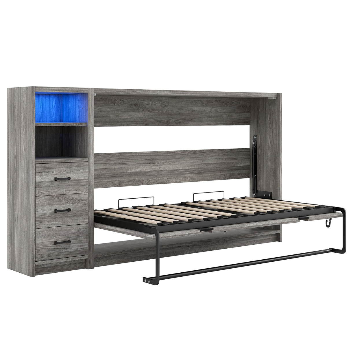 FAVSH Twin Size Murphy Bed with 3 Drawers and LED Light, Wooden Wall Beds can be Folded into a Cabinet,Space-Saving Hidden-Bed,Grey FAVSH