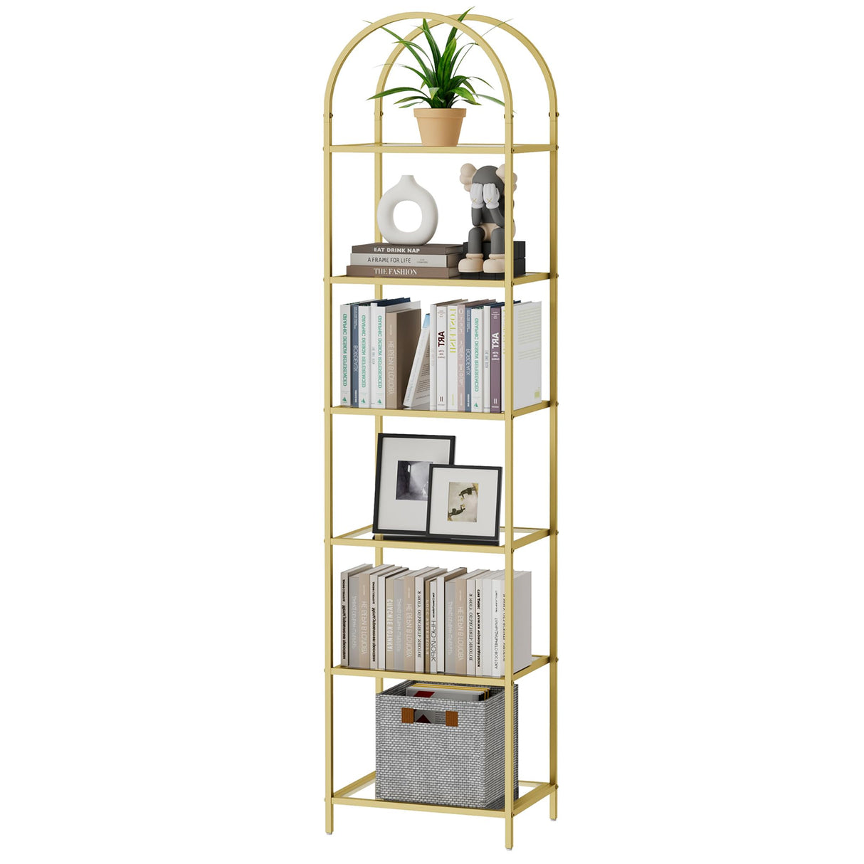 Homhedy Bookshelf Arched Display Racks,Metal Bookcase,Tempered Glass Shelves,Storage Rack Shelf for Home Office,Living Room,Bedroom, Bathroom,Modern Style (Golden, 11.8" D x 13.8" W x 68.1" H) Homhedy