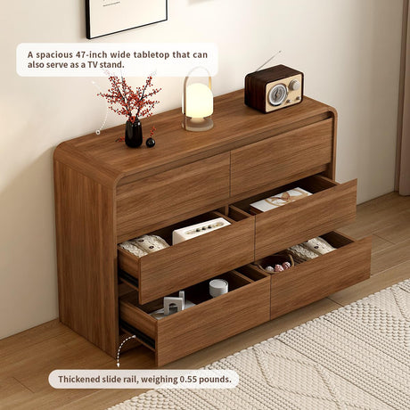 Modern 6 Drawer Dresser, 47-Inch Wood Chest of Drawers, Curved Anti-Collision Design, Mid-Century Storage Cabinet, Pre-Embedded Slots, Natural Texture, for Bedroom, Living Room, TV Stand, Nursery Messenya