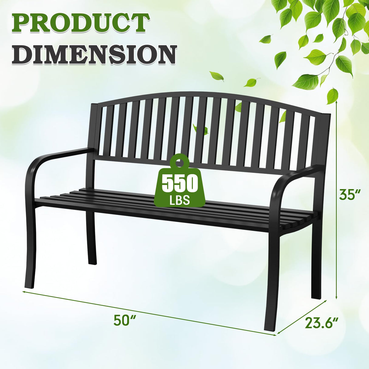 Optmspic 50" Outdoor Garden Bench, Iron Metal Frame Patio Bench with Backrest Armrests, Weatherproof Anti-Rust Outdoor Bench for Front Porch, Park, Yard, Patio (402-32BK) Optmspic
